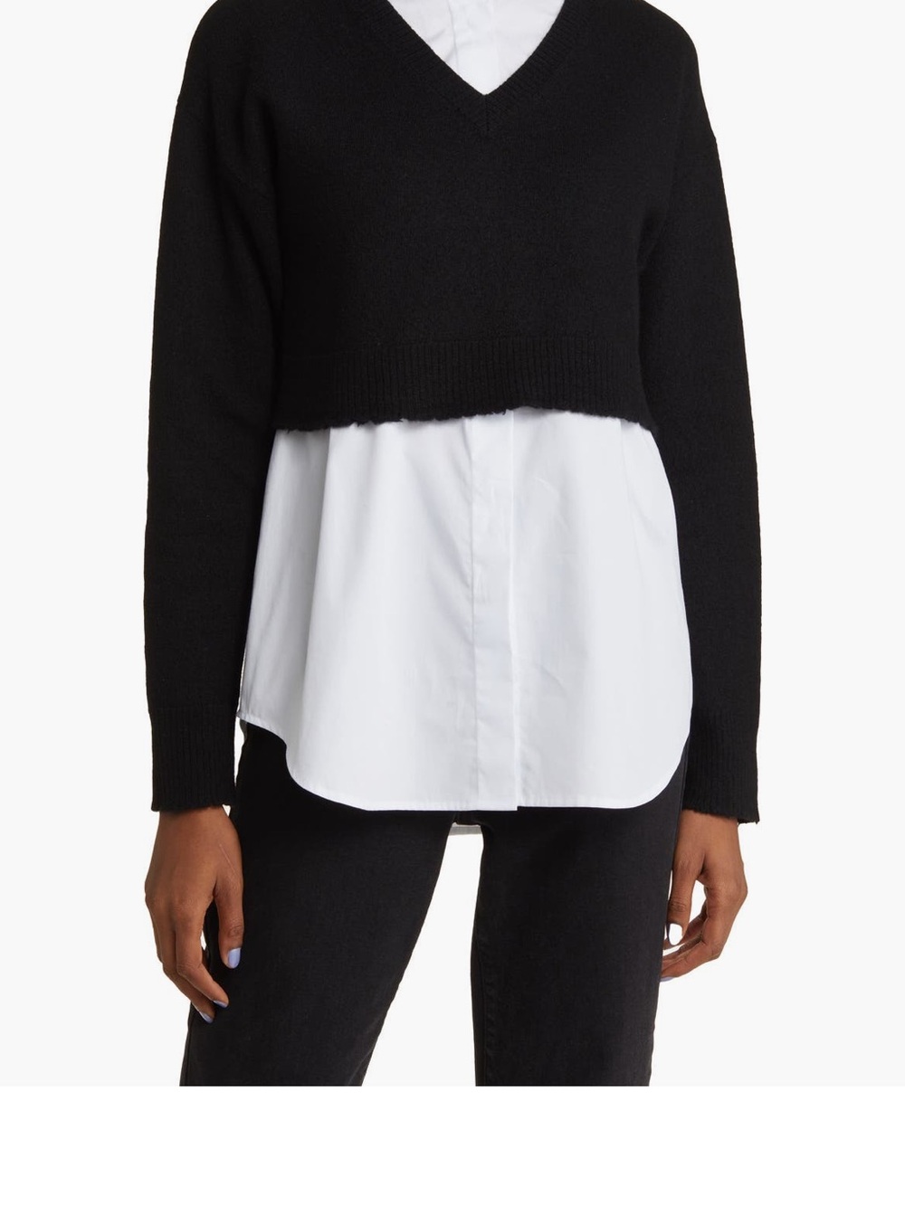 AllSaints Black Cropped V-Neck Sweater with White Button-Down Panel